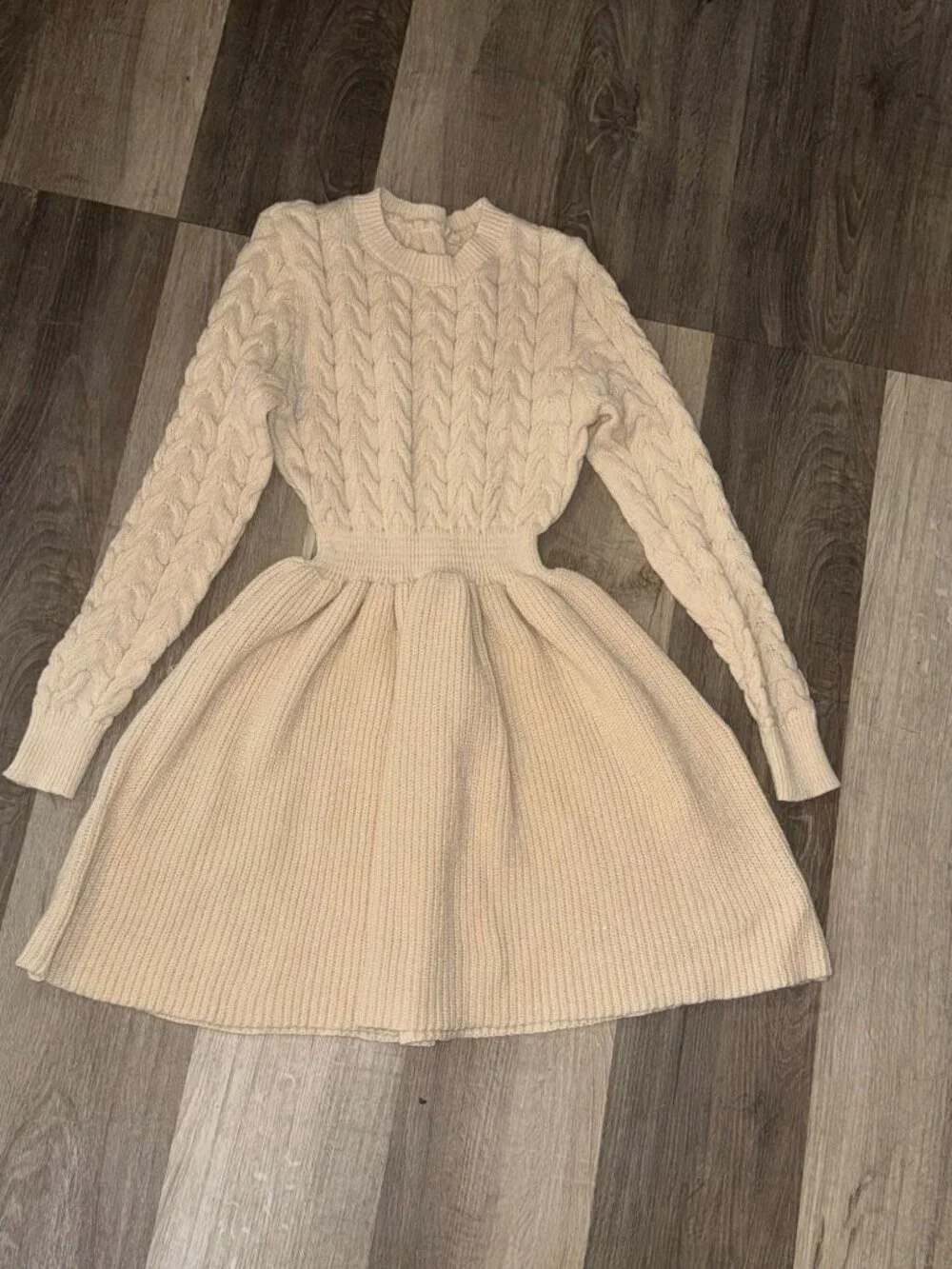 Cable Knit Long Sleeve Beige Sweater Dress - Picture 5 of 7